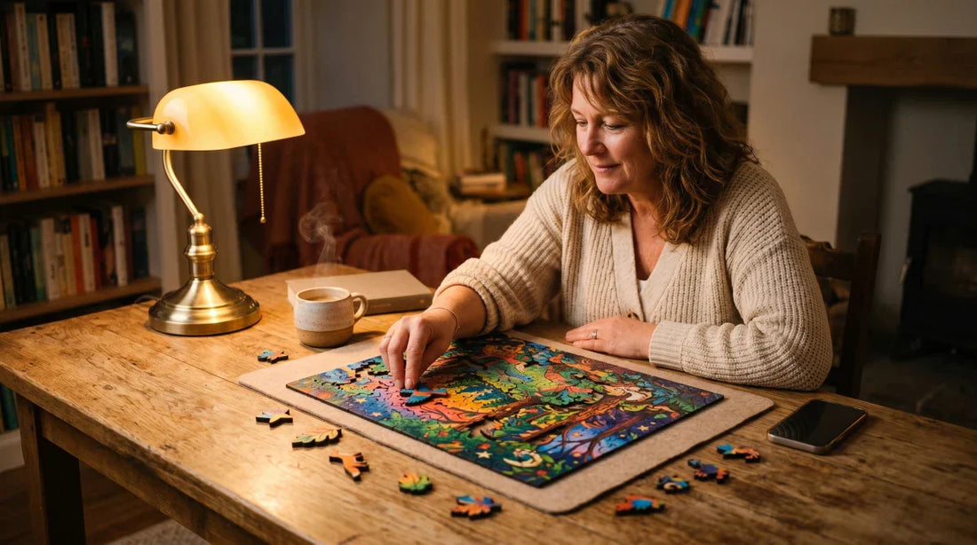 A woman relaxing at a table building a vivid full-colour irregular laser-cut wooden puzzle in warm evening light, screen-free