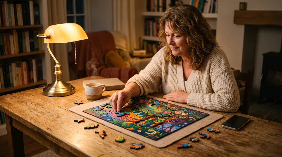 A woman relaxing at a table building a vivid full-colour irregular laser-cut wooden puzzle in warm evening light, screen-free