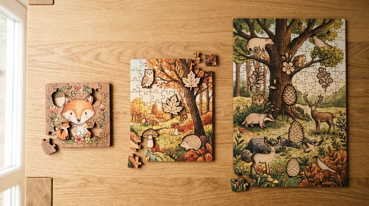 Three wooden jigsaw puzzles arranged by size on a warm light-oak table, each showing whimsy figural pieces (fox, leaf, star, acorn) among standard pieces, to illustrate the small, medium, and large size choices