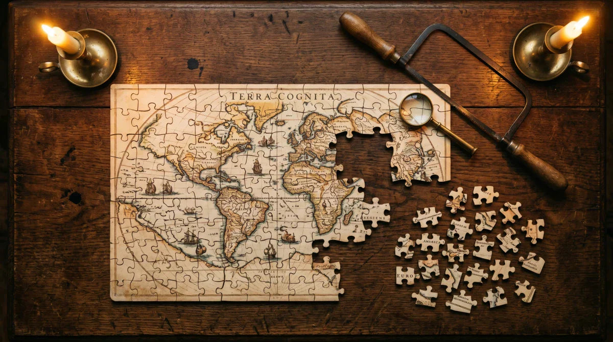An antique-style wooden jigsaw puzzle of an old world map, partly assembled on a candle-lit desk beside a fretsaw, evoking the 1760s origin of the jigsaw puzzle