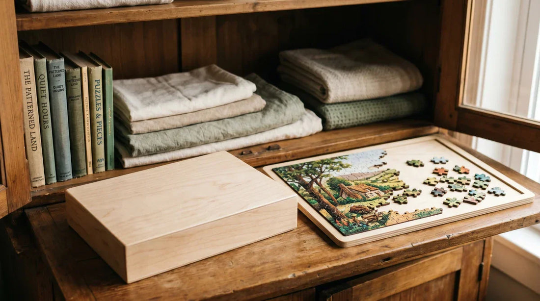 A plain wooden puzzle box stored flat on a tidy cupboard shelf beside a partly finished wooden puzzle on a board, folded linens and books behind, calm home storage