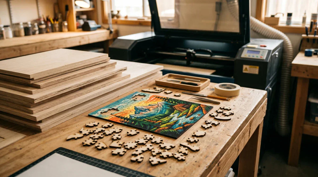 A maker's workbench with stacked pale basswood plywood sheets, a laser cutter behind, and a printed puzzle panel with freshly laser-cut wooden pieces scattered around