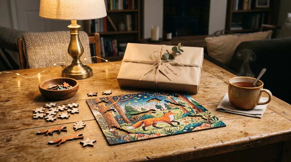 A partly assembled colourful wooden jigsaw puzzle on a warm wooden table in soft evening lamplight, a simply wrapped kraft-paper gift box behind it, with loose basswood pieces, whimsy pieces, and a mug of tea nearby