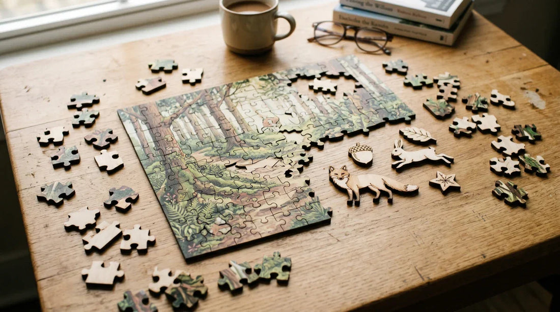 A partially assembled wooden jigsaw puzzle of a woodland scene on a sunlit table, with laser-cut wooden whimsy pieces set beside the ordinary pieces