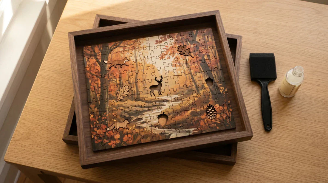 A finished wooden jigsaw puzzle of an autumn forest scene with figural whimsy pieces visible among the standard puzzle pieces, seated into a deep walnut shadow-box frame on a light-oak table