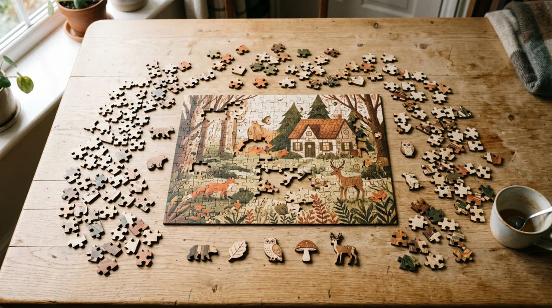 A partially assembled wooden jigsaw puzzle of a woodland cottage scene on a sunlit table, with loose basswood pieces and whimsy pieces scattered around