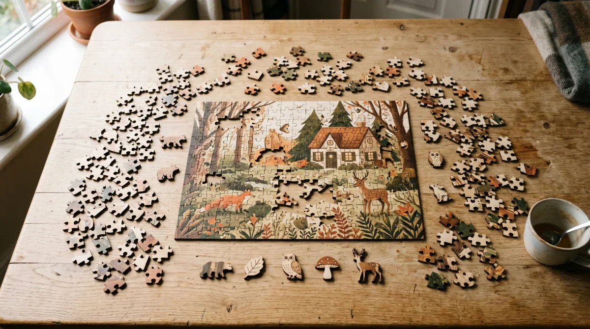 A partially assembled wooden jigsaw puzzle of a woodland cottage scene on a sunlit table, with loose basswood pieces and whimsy pieces scattered around