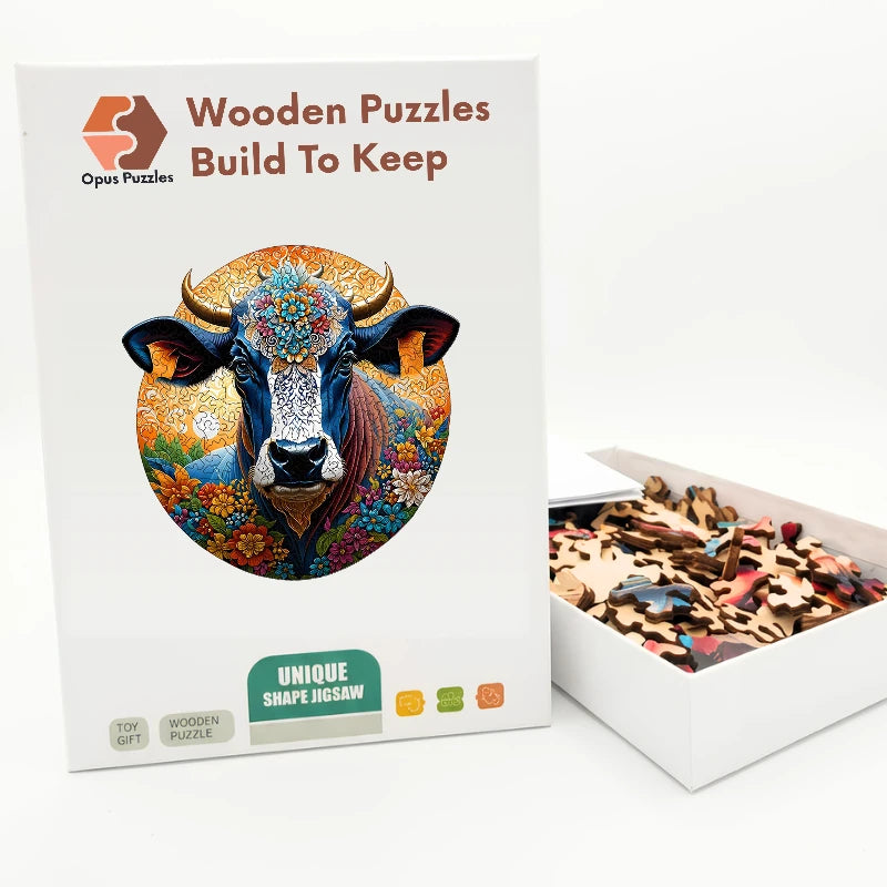 Highland Flower Cow Wooden Puzzle – packaged wooden puzzle gift box
