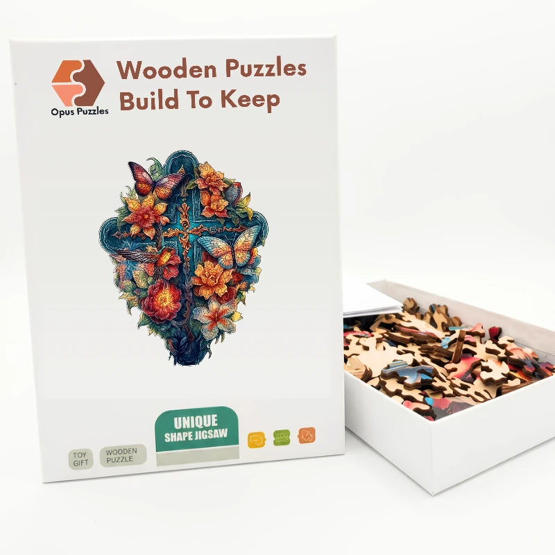 Floral Cross and Hummingbird Wooden Puzzle – packaged wooden puzzle gift box