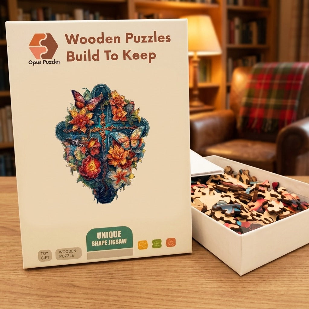Floral Cross and Hummingbird Wooden Puzzle – packaged wooden puzzle gift box