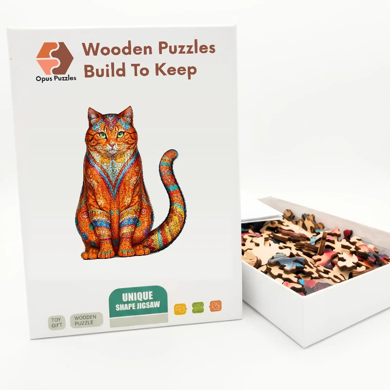 Mandala Orange Cat Wooden Puzzle – packaged wooden puzzle gift box