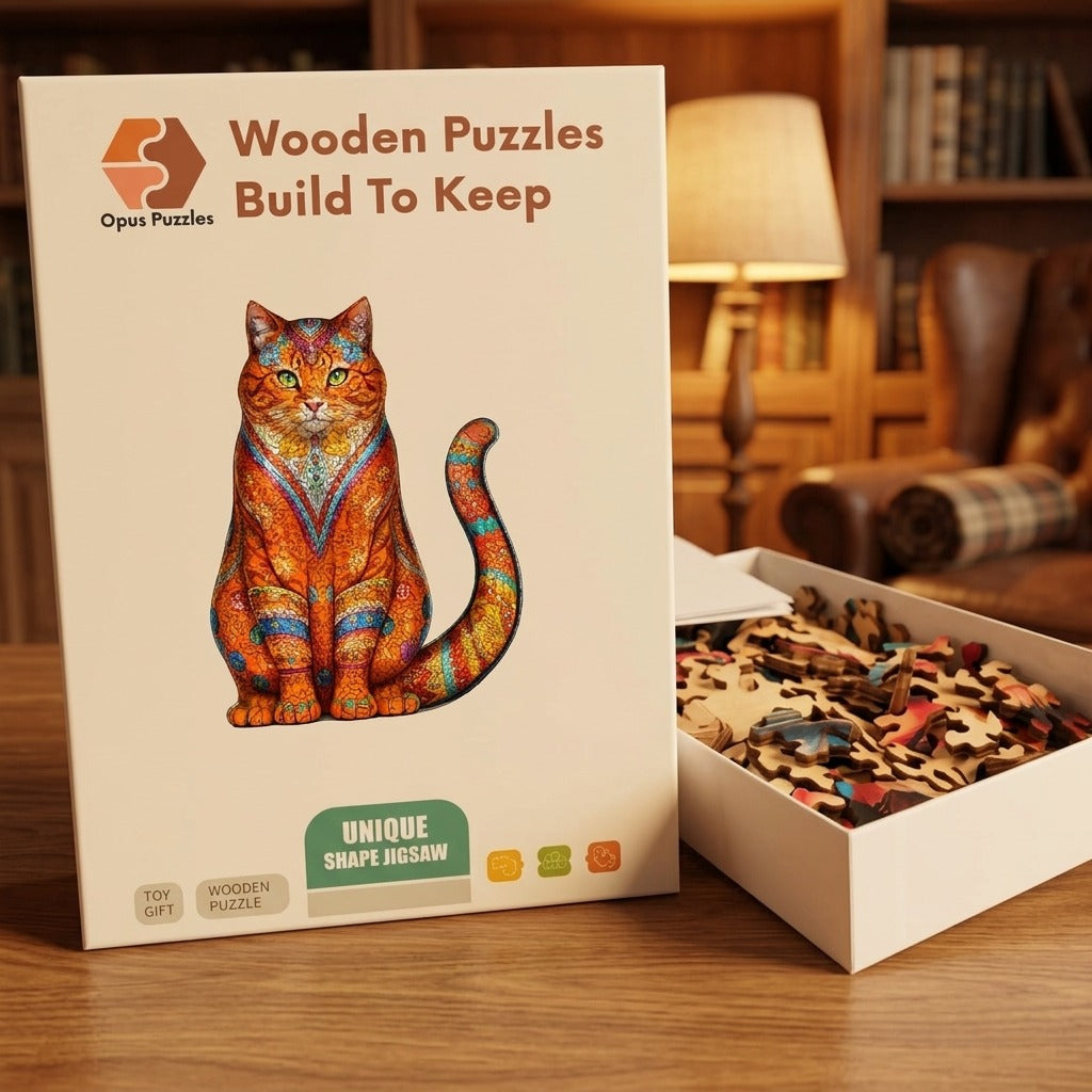 Mandala Orange Cat Wooden Puzzle – packaged wooden puzzle gift box