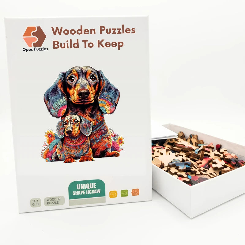 Dachshund and Pup Wooden Puzzle – packaged wooden puzzle gift box