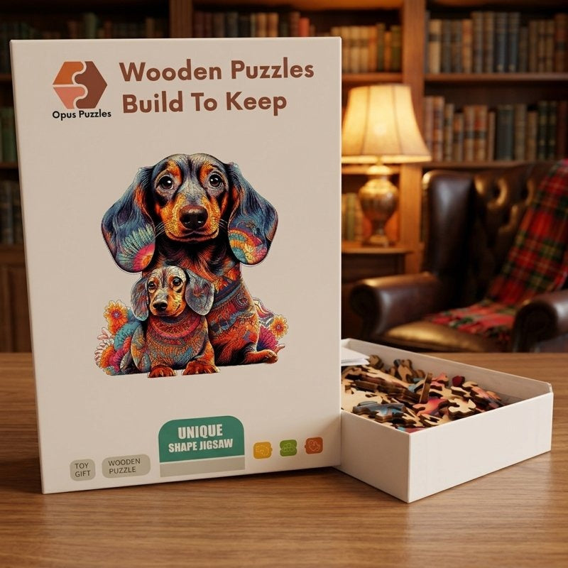 Dachshund and Pup Wooden Puzzle – packaged wooden puzzle gift box