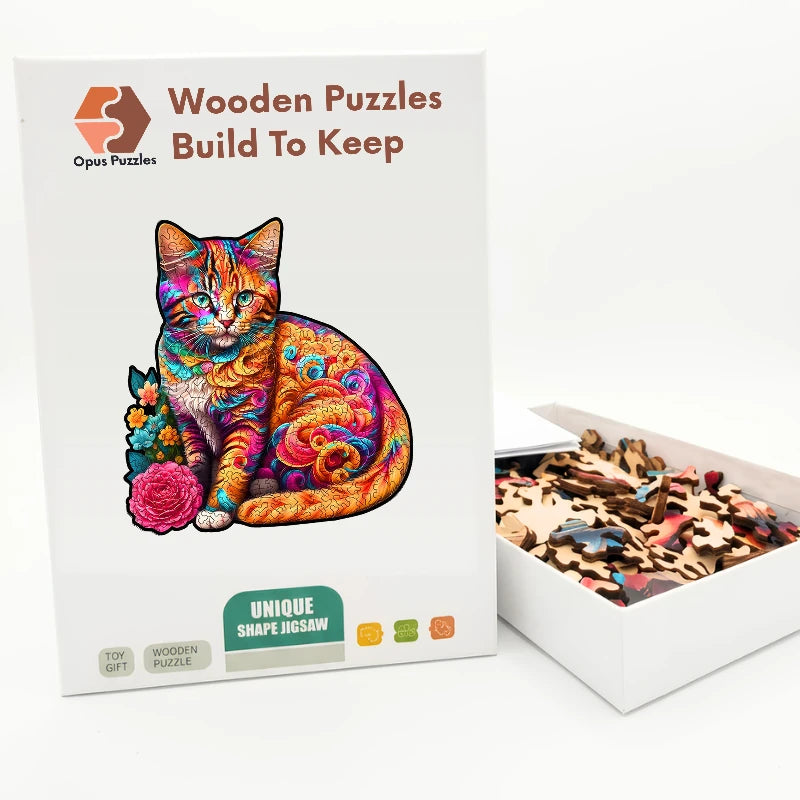 Floral Orange Cat Wooden Puzzle – packaged wooden puzzle gift box