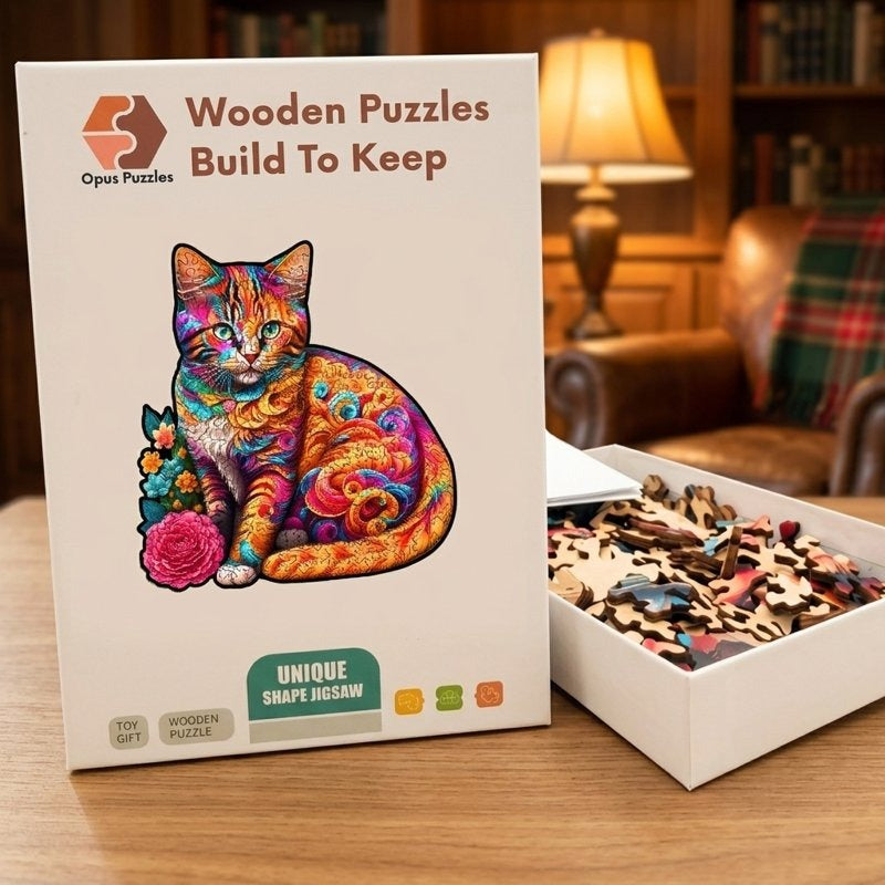 Floral Orange Cat Wooden Puzzle – packaged wooden puzzle gift box