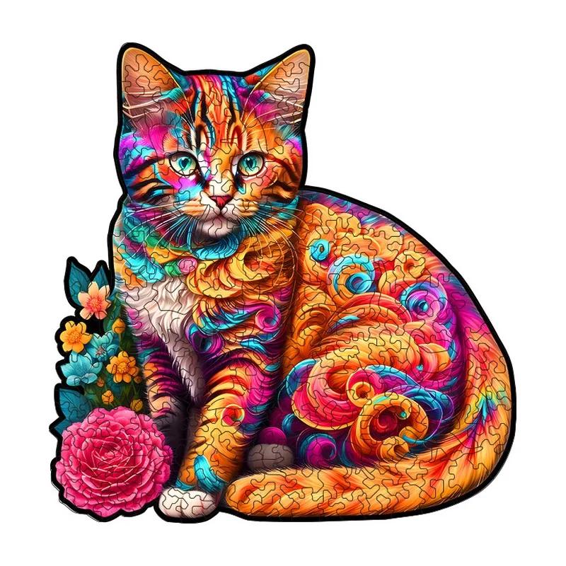 Floral Orange Cat Wooden Puzzle