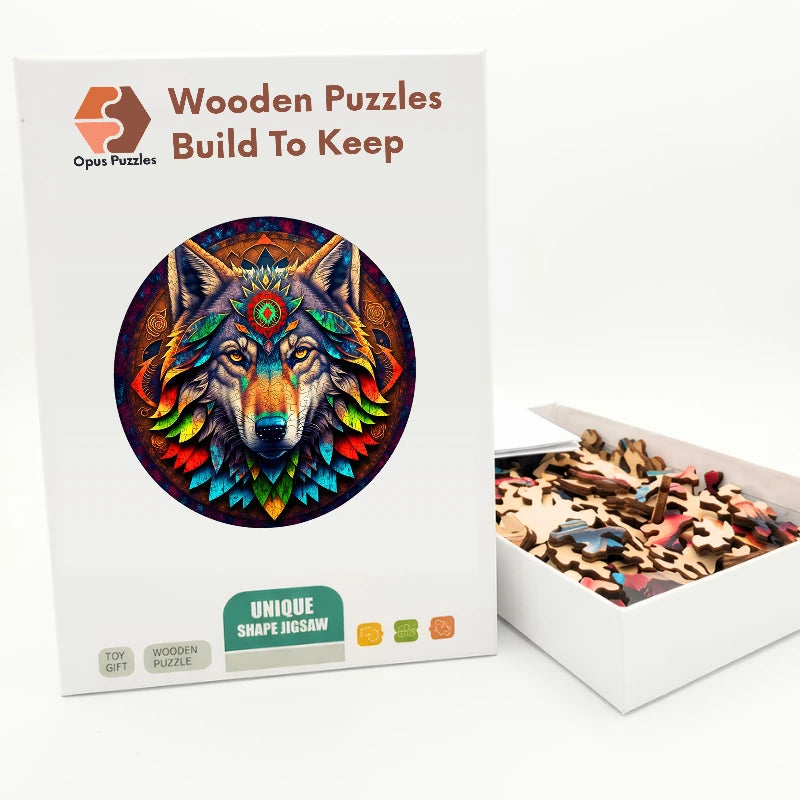 Tribal Wolf Mandala Wooden Puzzle – packaged wooden puzzle gift box