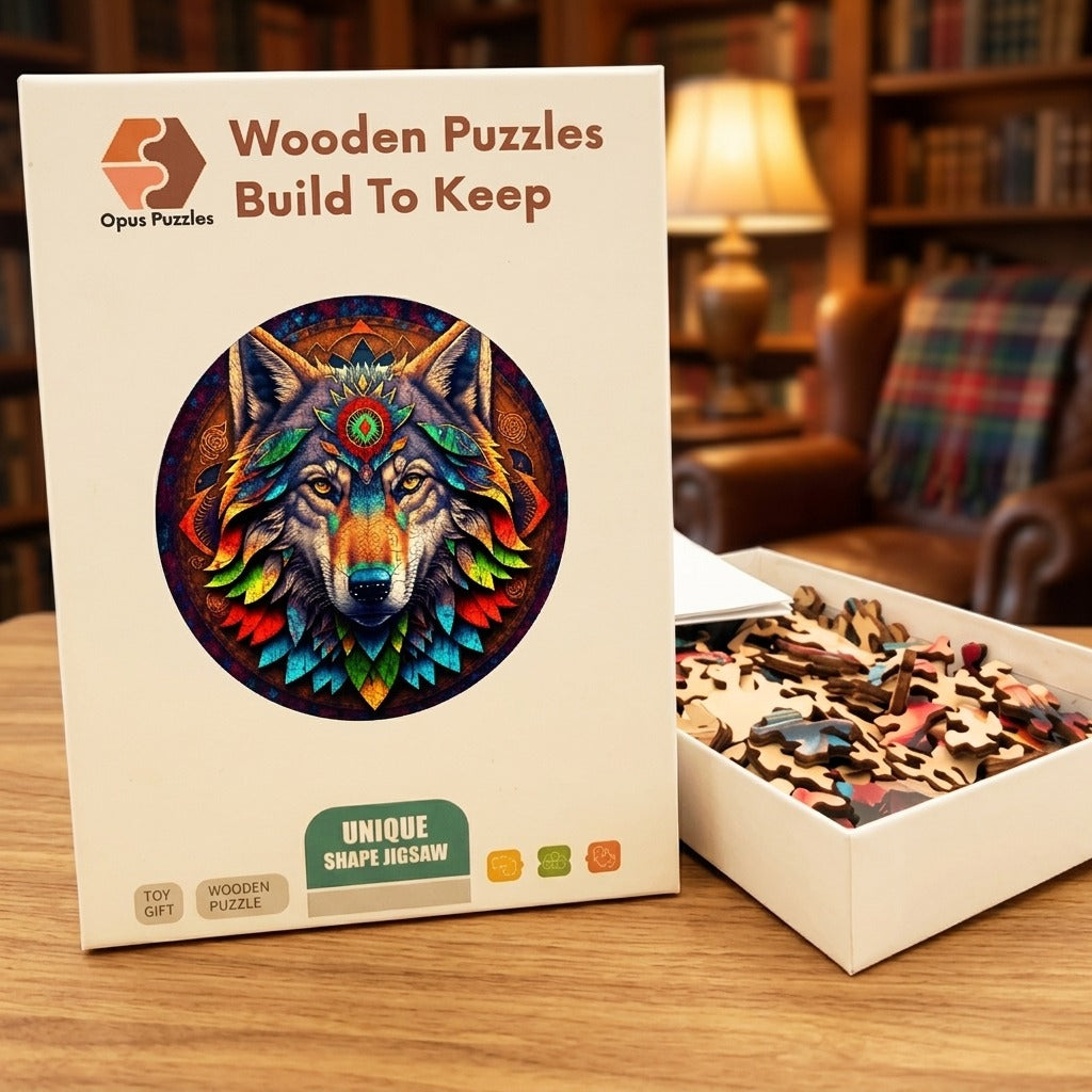Tribal Wolf Mandala Wooden Puzzle – packaged wooden puzzle gift box