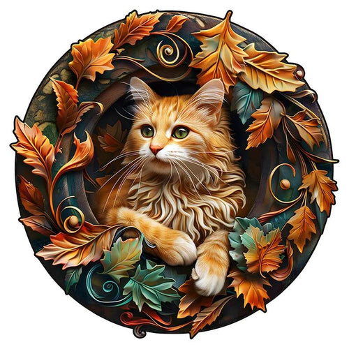 Autumn Leaf Cat Wooden Puzzle