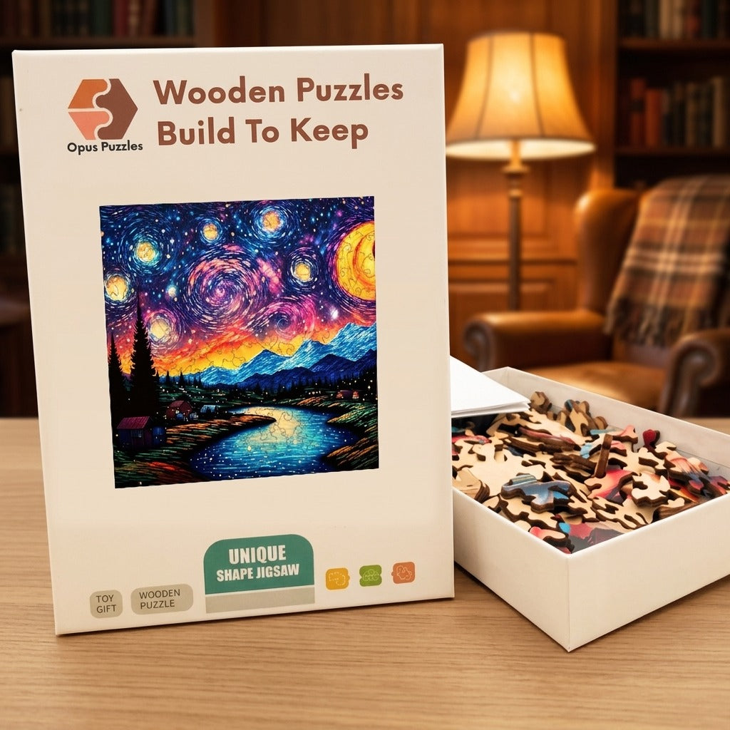 Starry Night Village Wooden Puzzle – packaged wooden puzzle gift box