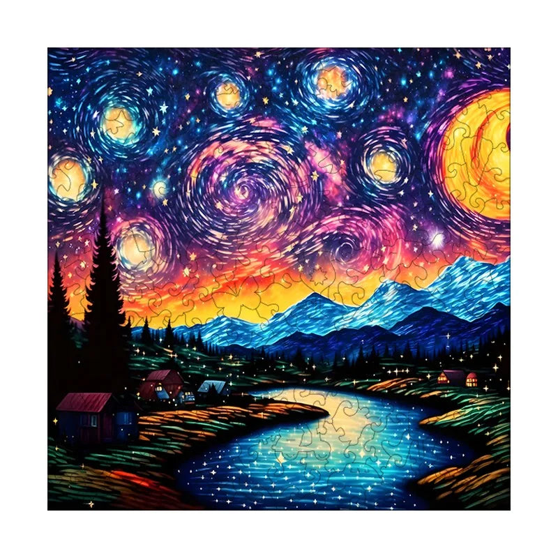 Starry Night Village round wooden puzzle