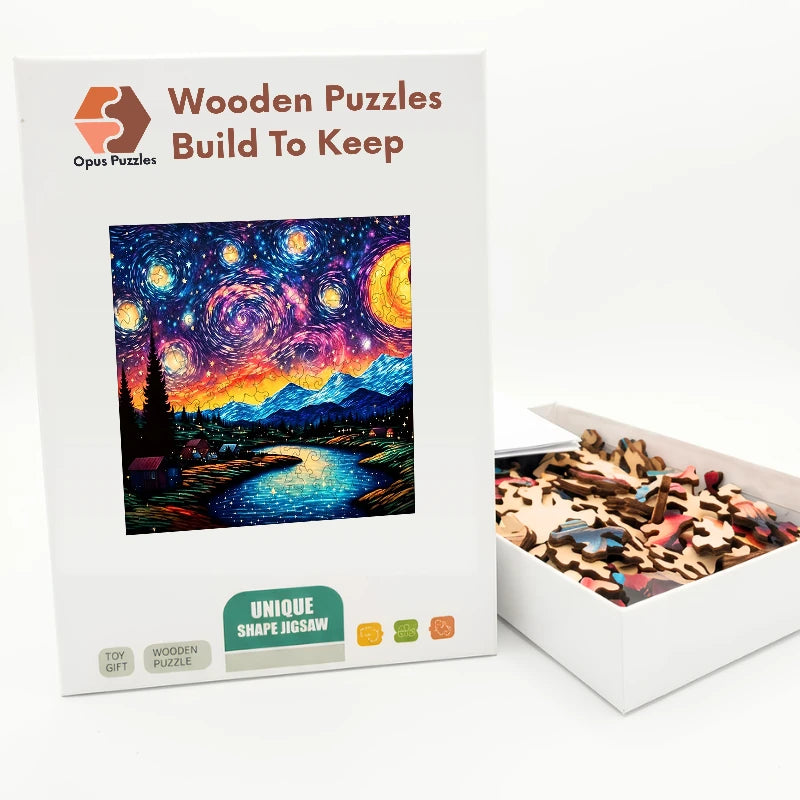 Starry Night Village Wooden Puzzle – packaged wooden puzzle gift box