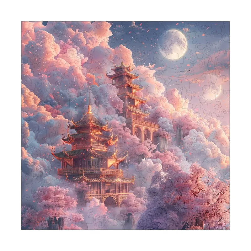 Pink Cloud Pagodas round wooden puzzle