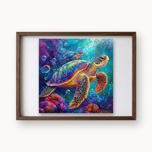 Cosmic Sea Turtle, a square whimsy-cut wooden puzzle shown framed as wall art