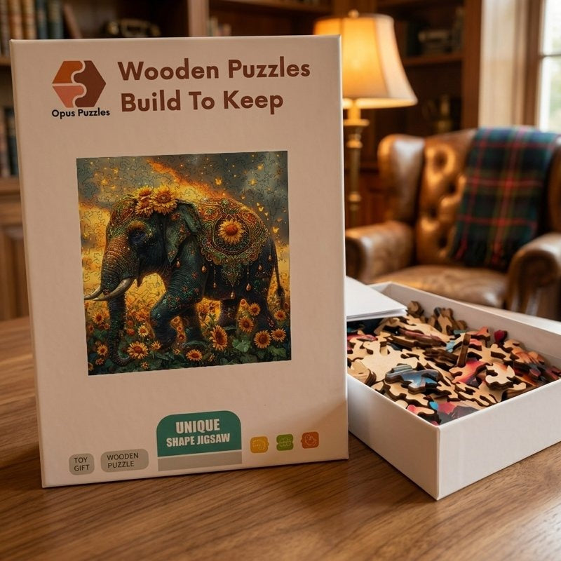 Sunflower Spirit Elephant Wooden Puzzle – packaged wooden puzzle gift box