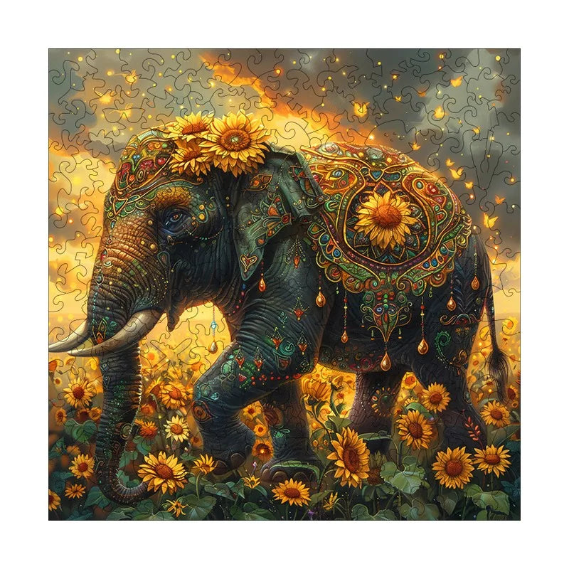 Sunflower Spirit Elephant round wooden puzzle