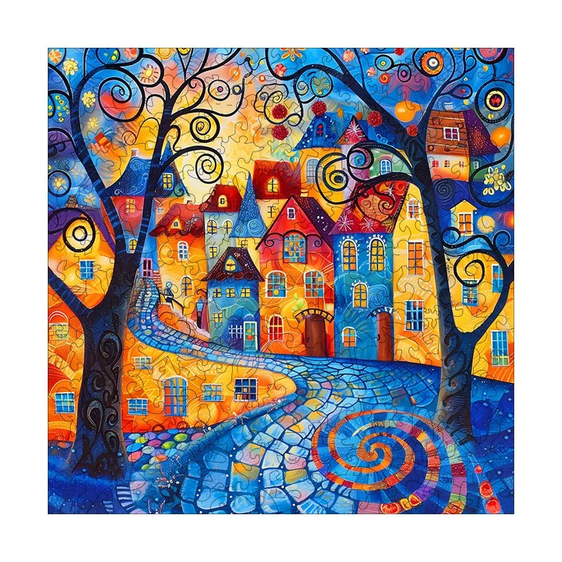 Whimsy Village Lane round wooden puzzle