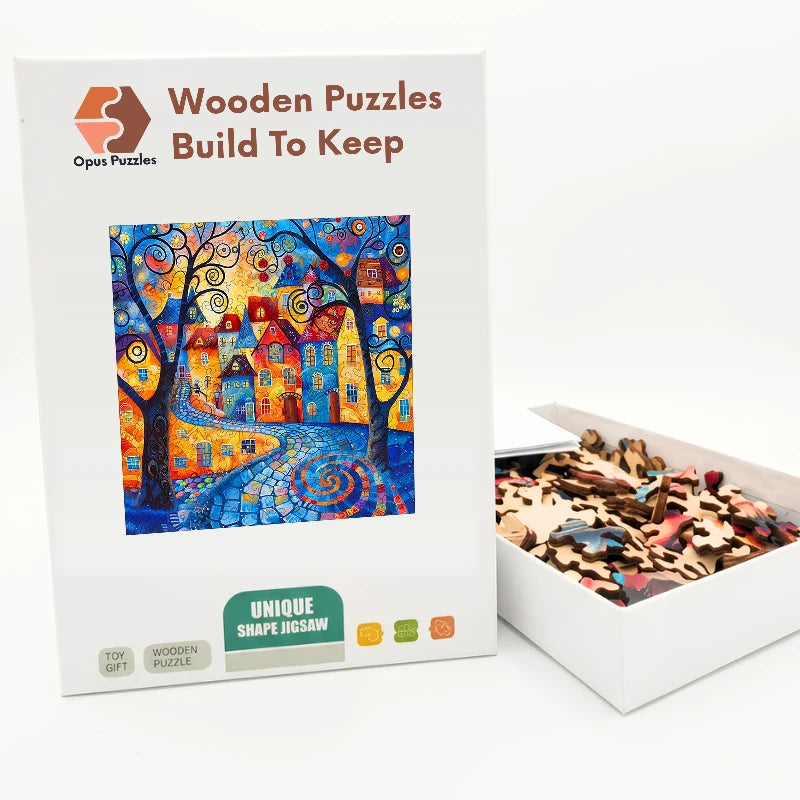 Whimsy Village Lane Wooden Puzzle – packaged wooden puzzle gift box