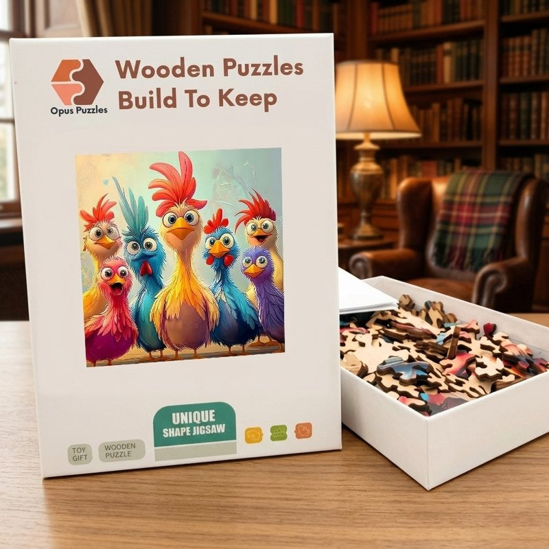 Funny Chicken Crew Wooden Puzzle – packaged wooden puzzle gift box