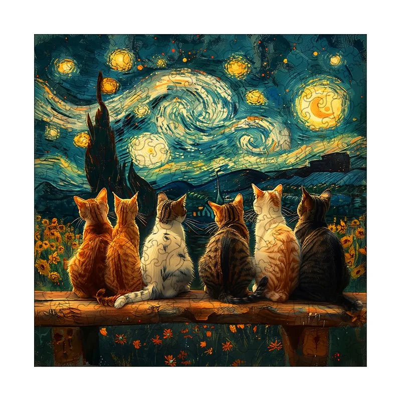 Starry Night Cats round wooden puzzle