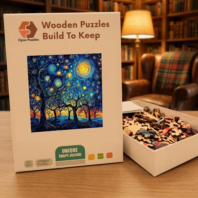 Starry Night Forest Wooden Puzzle – packaged wooden puzzle gift box