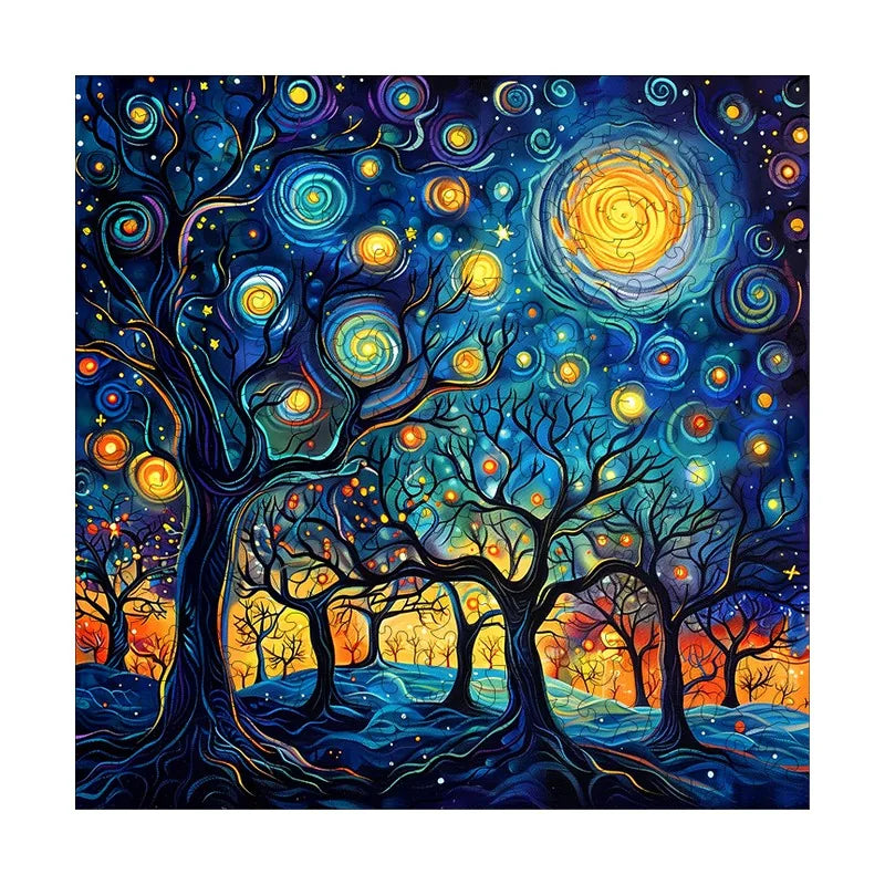 Starry Night Forest round wooden puzzle