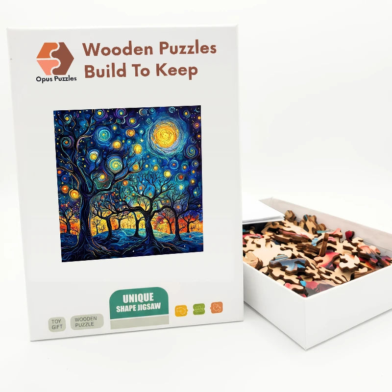 Starry Night Forest Wooden Puzzle – packaged wooden puzzle gift box