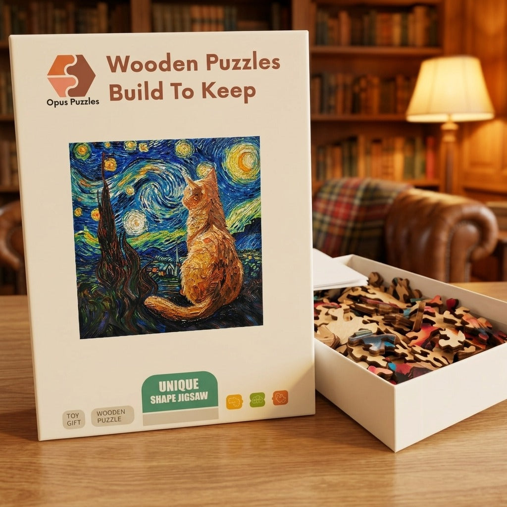 Starry Night Ginger Cat Wooden Puzzle – packaged wooden puzzle gift box