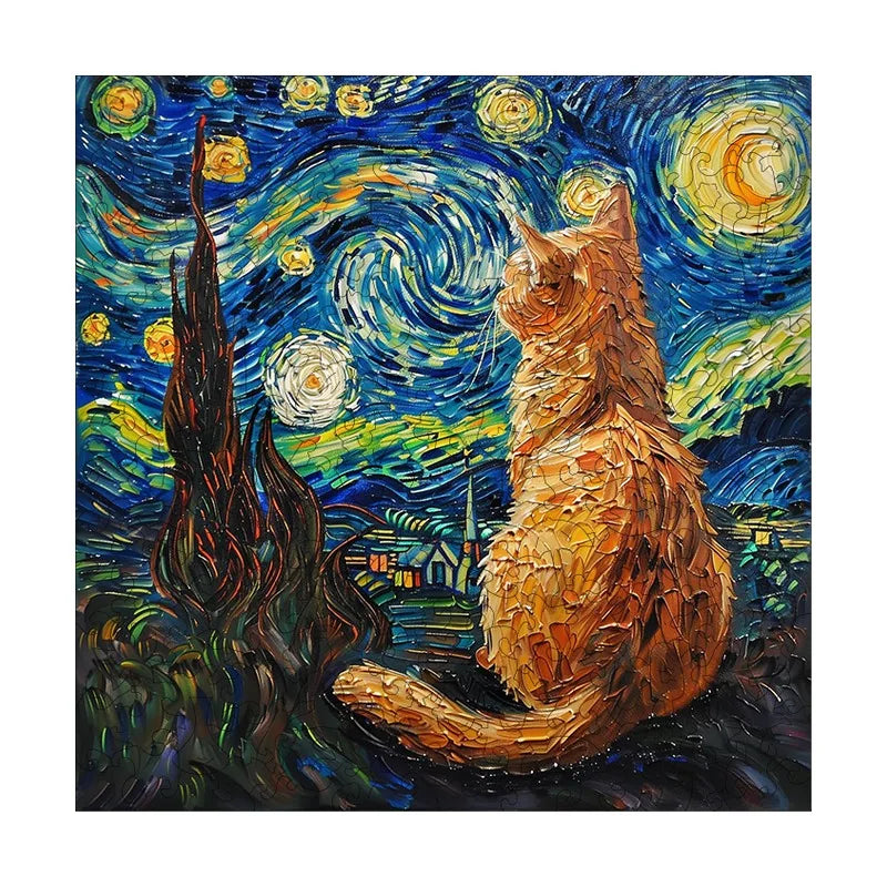 Starry Night Ginger Cat round wooden puzzle