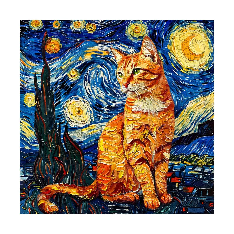Starry Night Orange Tabby round wooden puzzle