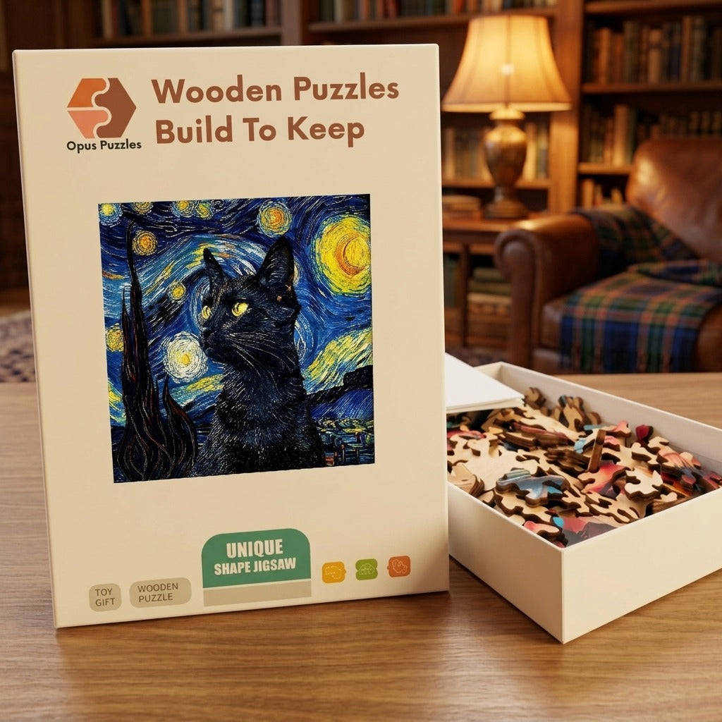Starry Night Black Cat Wooden Puzzle – packaged wooden puzzle gift box