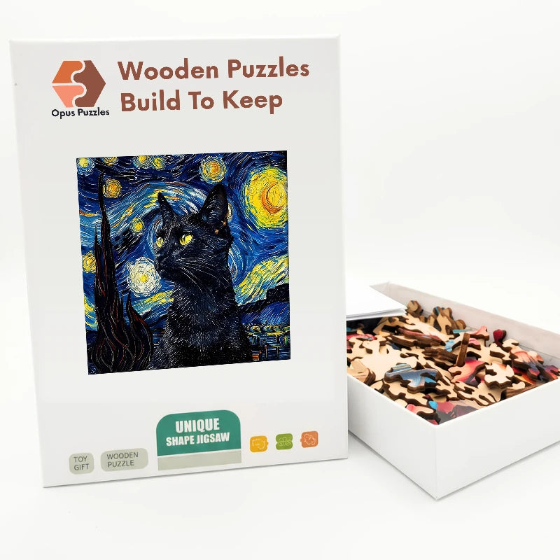 Starry Night Black Cat Wooden Puzzle – packaged wooden puzzle gift box