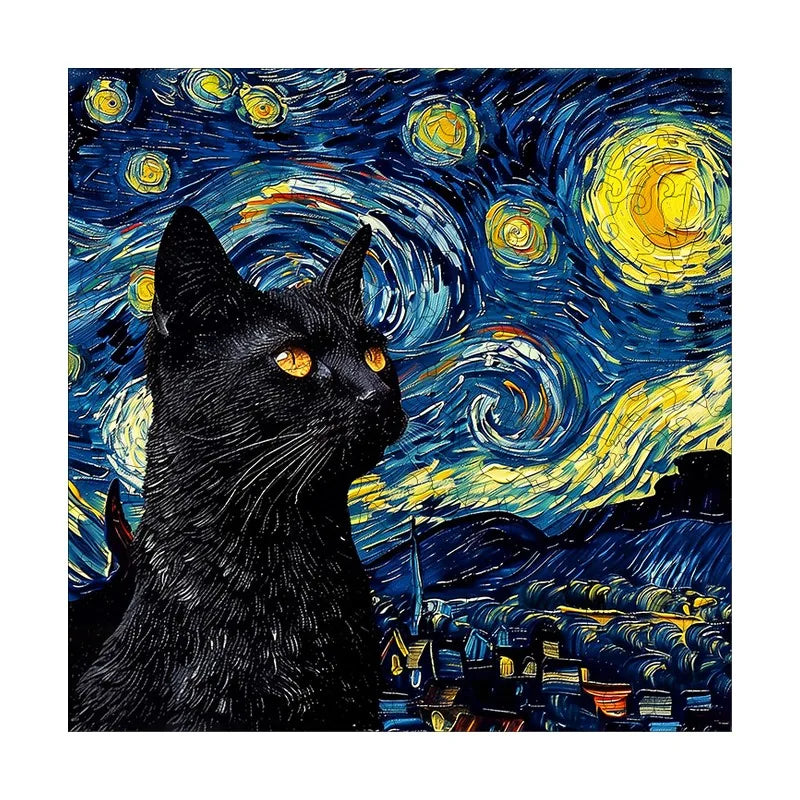 Starry Night Black Cat Profile round wooden puzzle