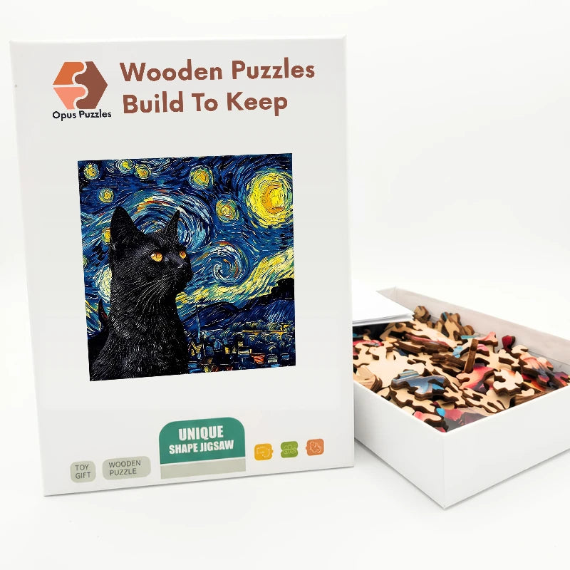 Starry Night Black Cat Profile Wooden Puzzle – packaged wooden puzzle gift box