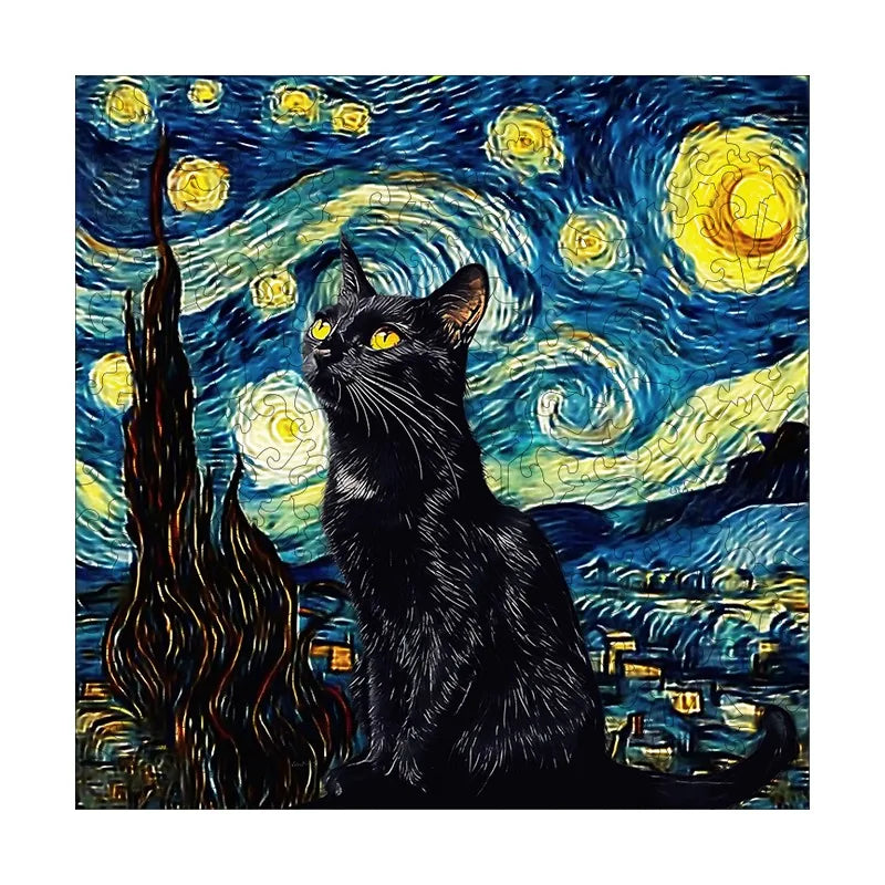Starry Night Black Kitten round wooden puzzle
