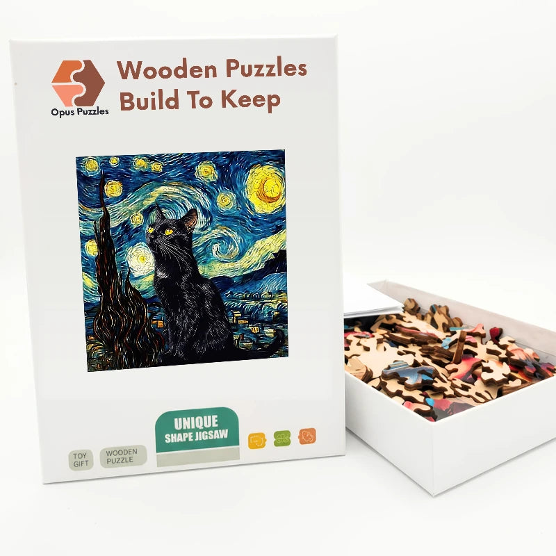 Starry Night Black Kitten Wooden Puzzle – packaged wooden puzzle gift box
