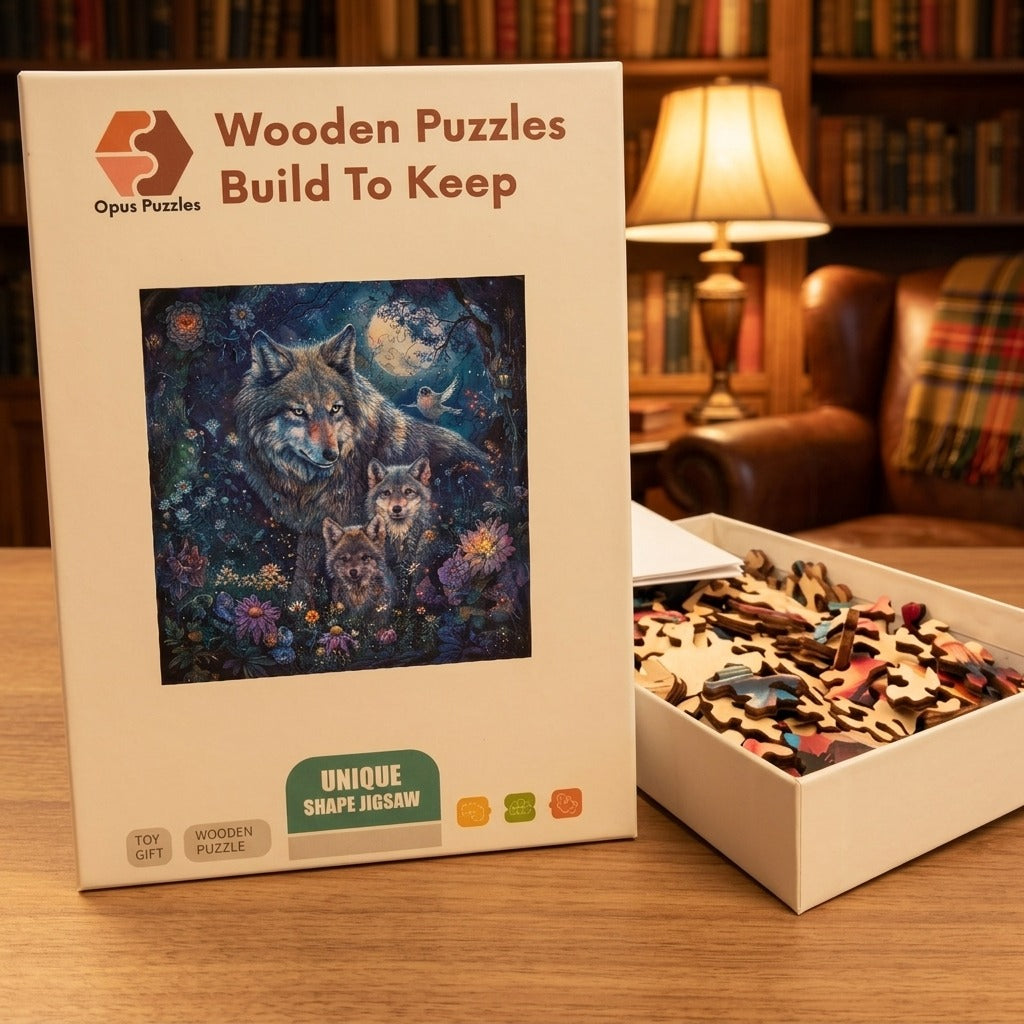 Moonlit Wolf Family Wooden Puzzle – packaged wooden puzzle gift box