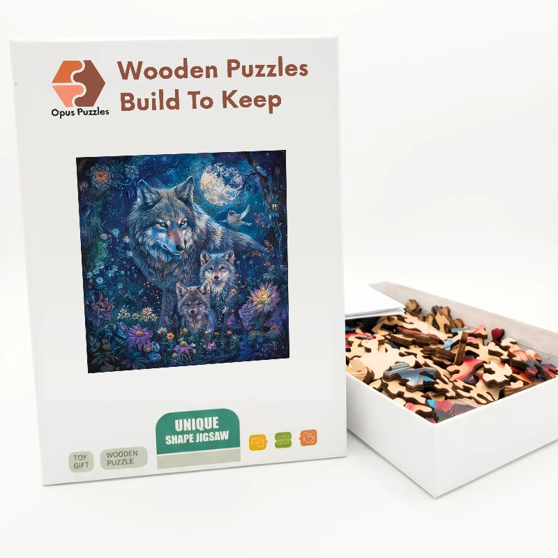 Moonlit Wolf Family Wooden Puzzle – packaged wooden puzzle gift box