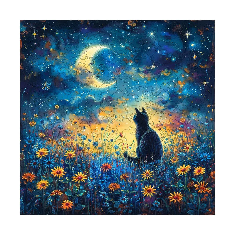 Moonlit Wildflower Cat round wooden puzzle